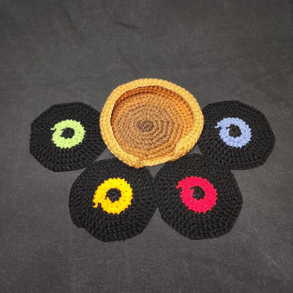 NWT Set of 4 Hand-Crocheted Record Coasters with Holder